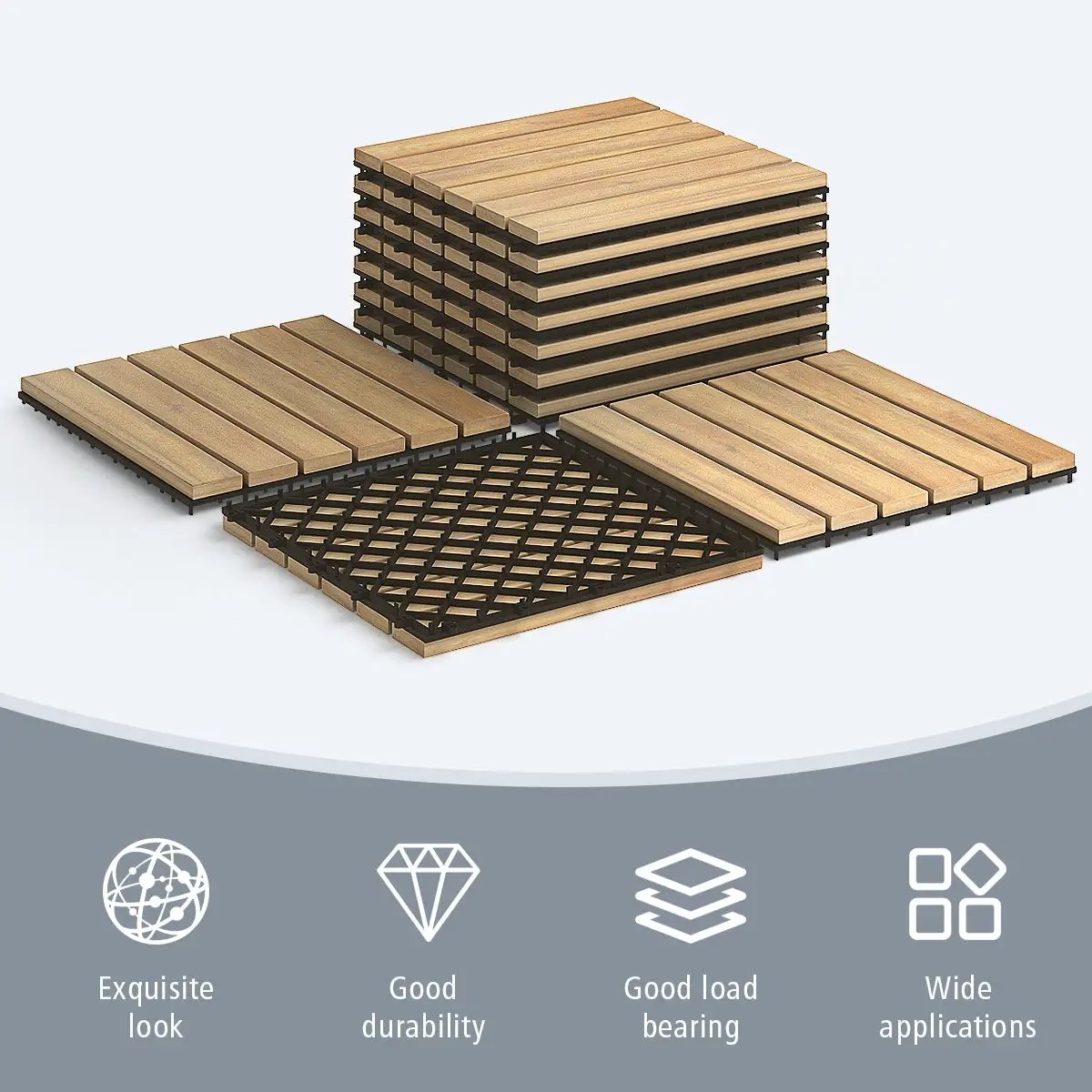 10 Pieces 12 x 12 Inch Acacia Wood Interlocking Tile Flooring by DirectDeals
