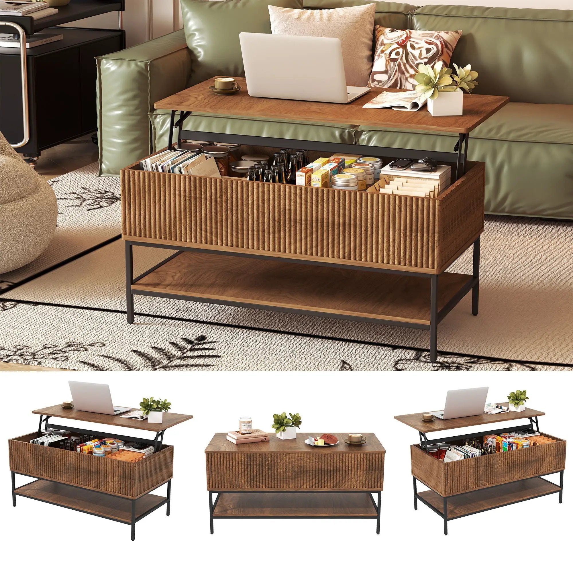 Rectangle Lift Top Coffee Table With Hidden Storage And Lower Shelf - Brown