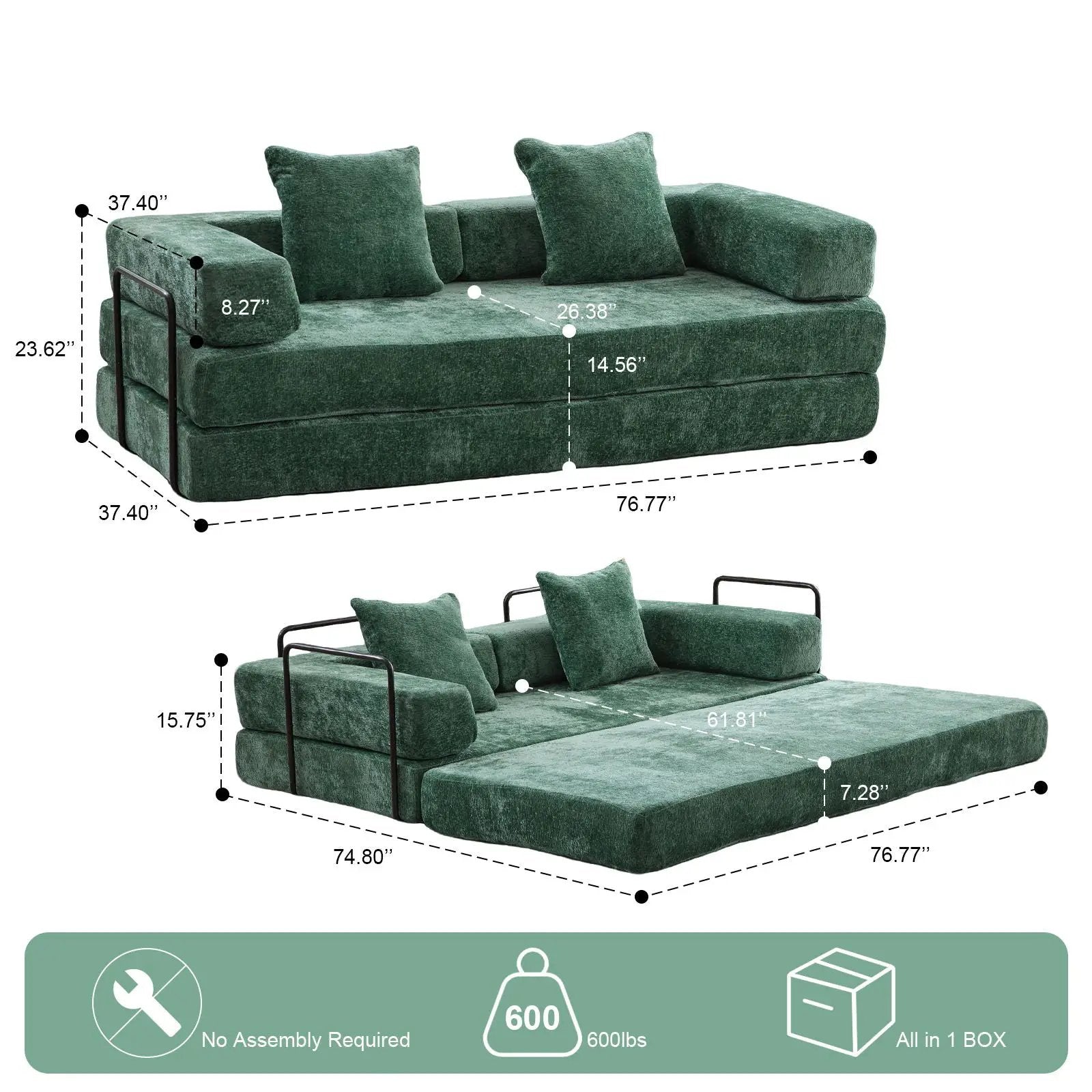 Convertible Floor Sofa Bed With Pillow Back Support Armrest by Unique Piece Furniture