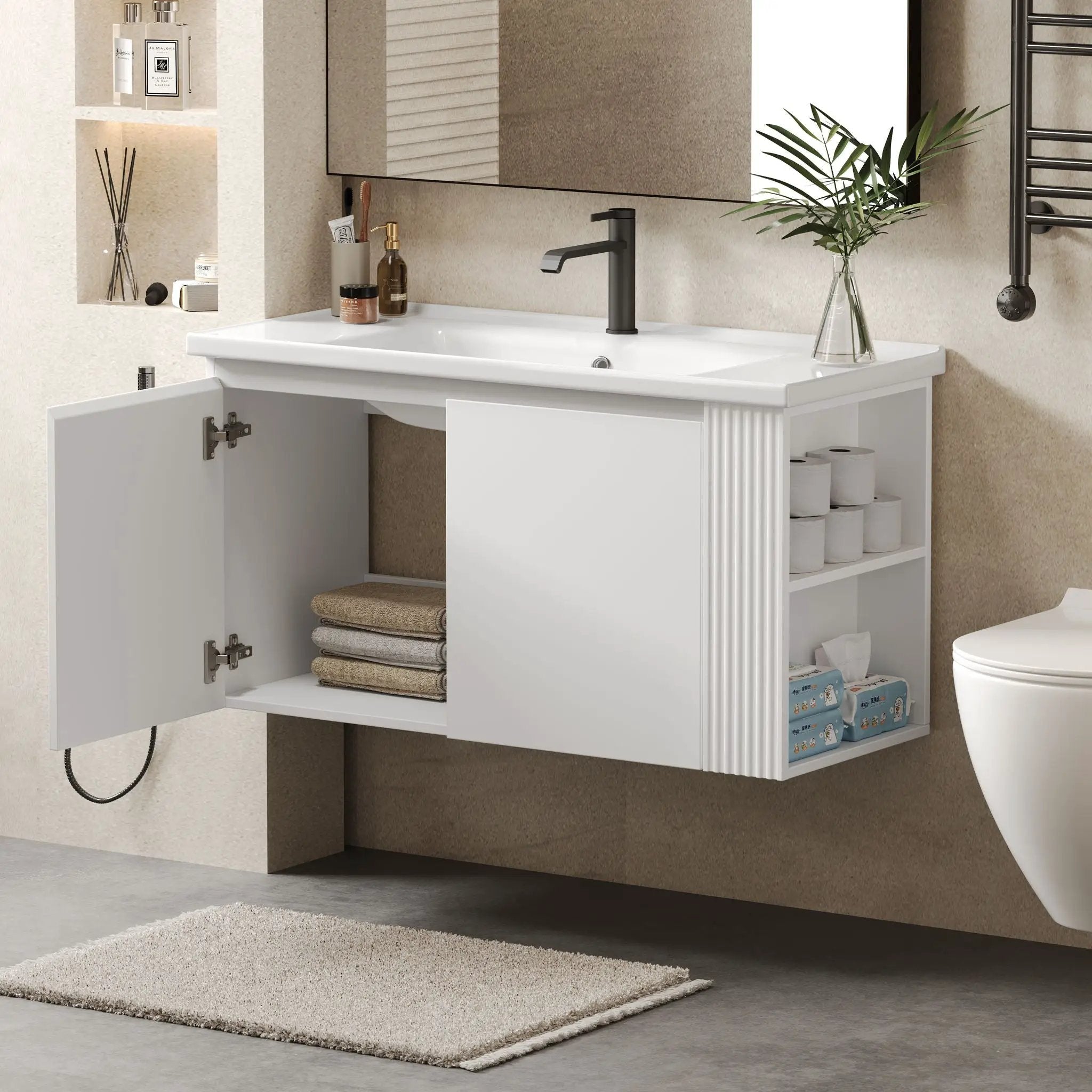 Wall Mounted Bathroom Vanity With Sink, 2 Open Shelves - White by HouseOfZazla