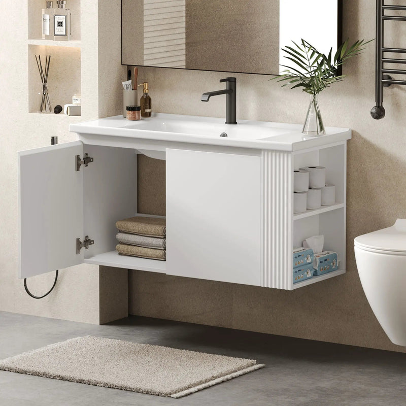 Wall Mounted Bathroom Vanity With Sink, 2 Open Shelves - White by HouseOfZazla