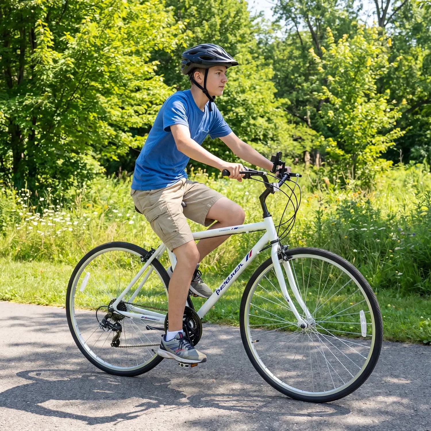 700C Hybrid Bike for Adult with 18-Speed Shimano Drivetrain and Phone Holder by DirectDeals