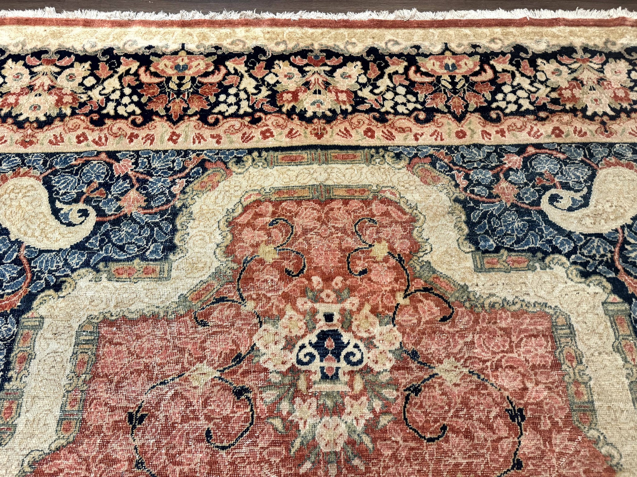 Antique Persian Sarouk Rug 9x12, Boteh Paisleys, Light Red Navy Blue by Jewel Rugs