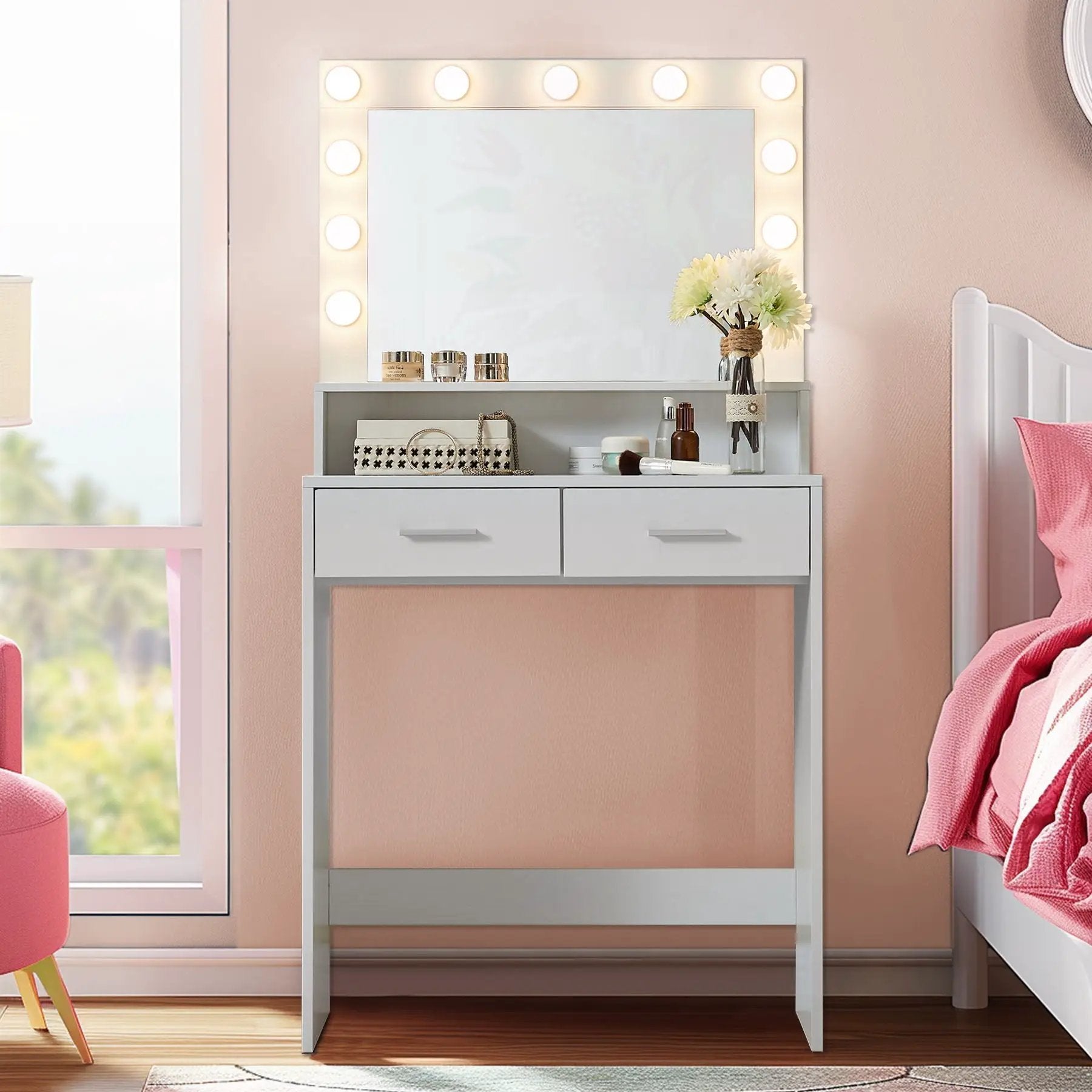 Vanity Desk With Mirror And Lights, Dressing Table With Large Drawer, 2 Level Storage Dresser & 3 Lighting Modes Adjustable Brightness, Suitable For Bedroom by HouseOfZazla