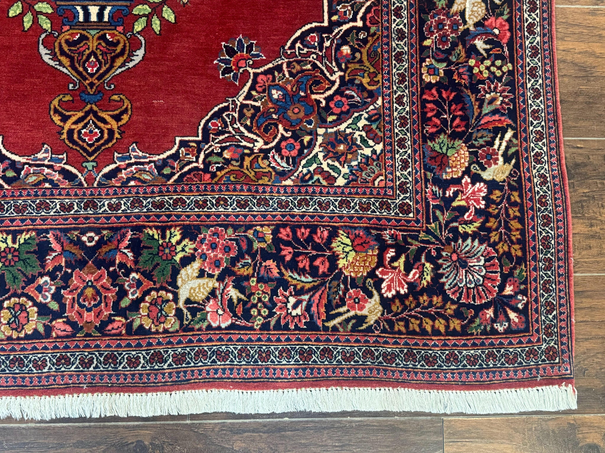 Red Persian Kashan Rug 4x6, Very Fine 260 KPSI, Red and Navy Blue Persian Carpet, Semi Open Field by Jewel Rugs