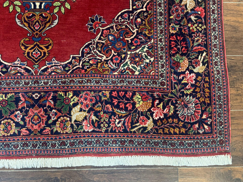 Red Persian Kashan Rug 4x6, Very Fine 260 KPSI, Red and Navy Blue Persian Carpet, Semi Open Field by Jewel Rugs