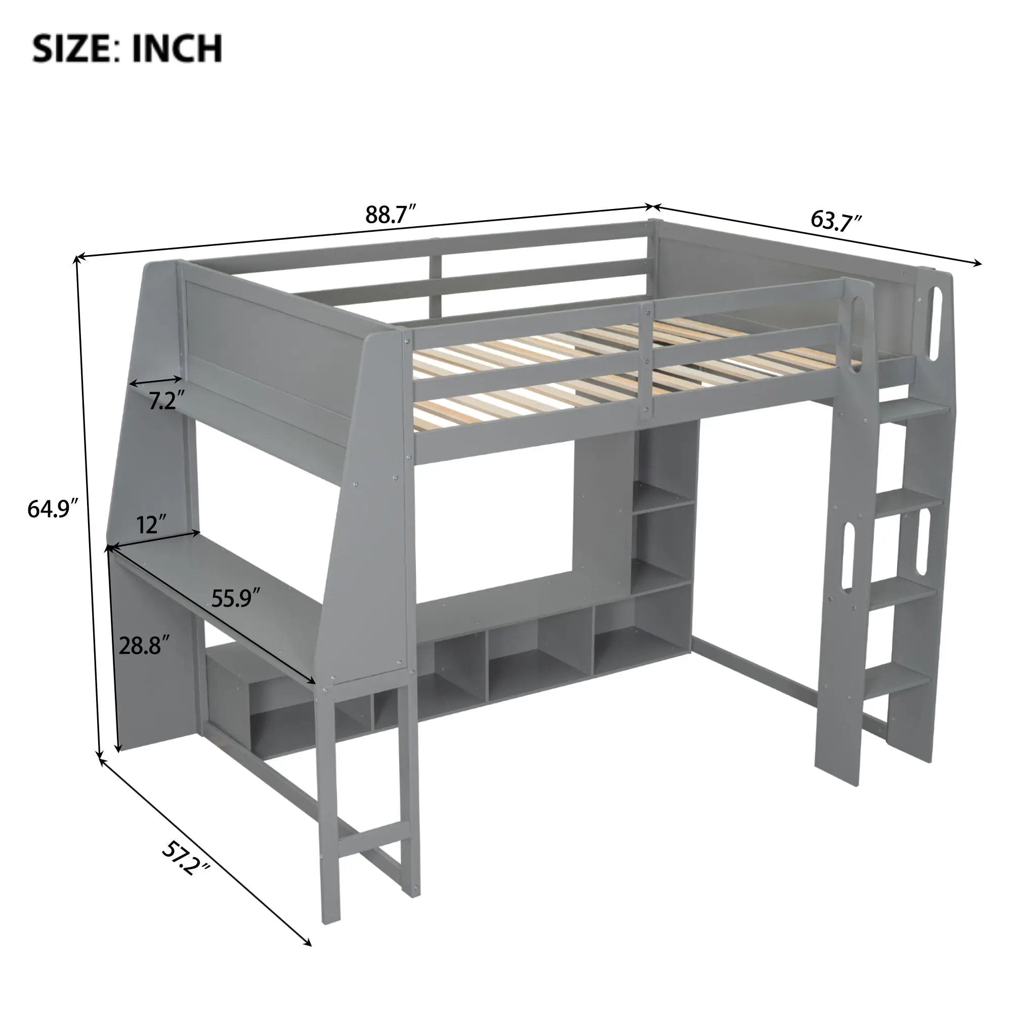 Full Size Gaming Loft Bed With Desk, Multi Storage Shelves, LED Lighting, And Hanging Clothes Rack - Gray by HouseOfZazla