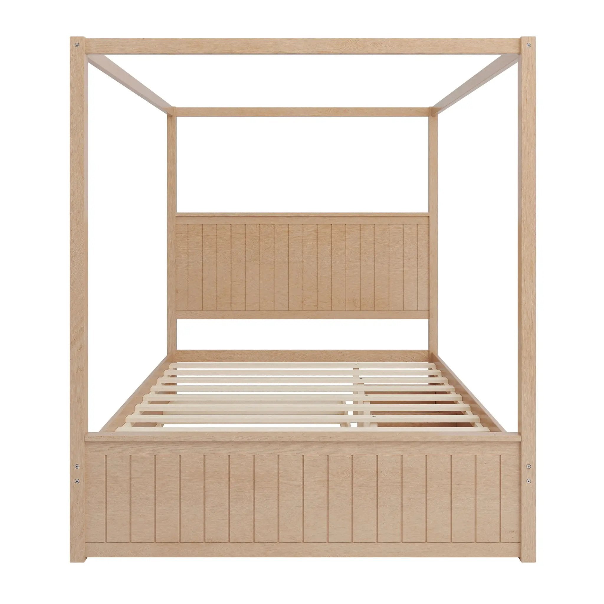 Queen Size Canopy Platform Bed With Trundle And 3 Storage Drawers, 4 Post, No Box Spring Needed - Natural by HouseOfZazla