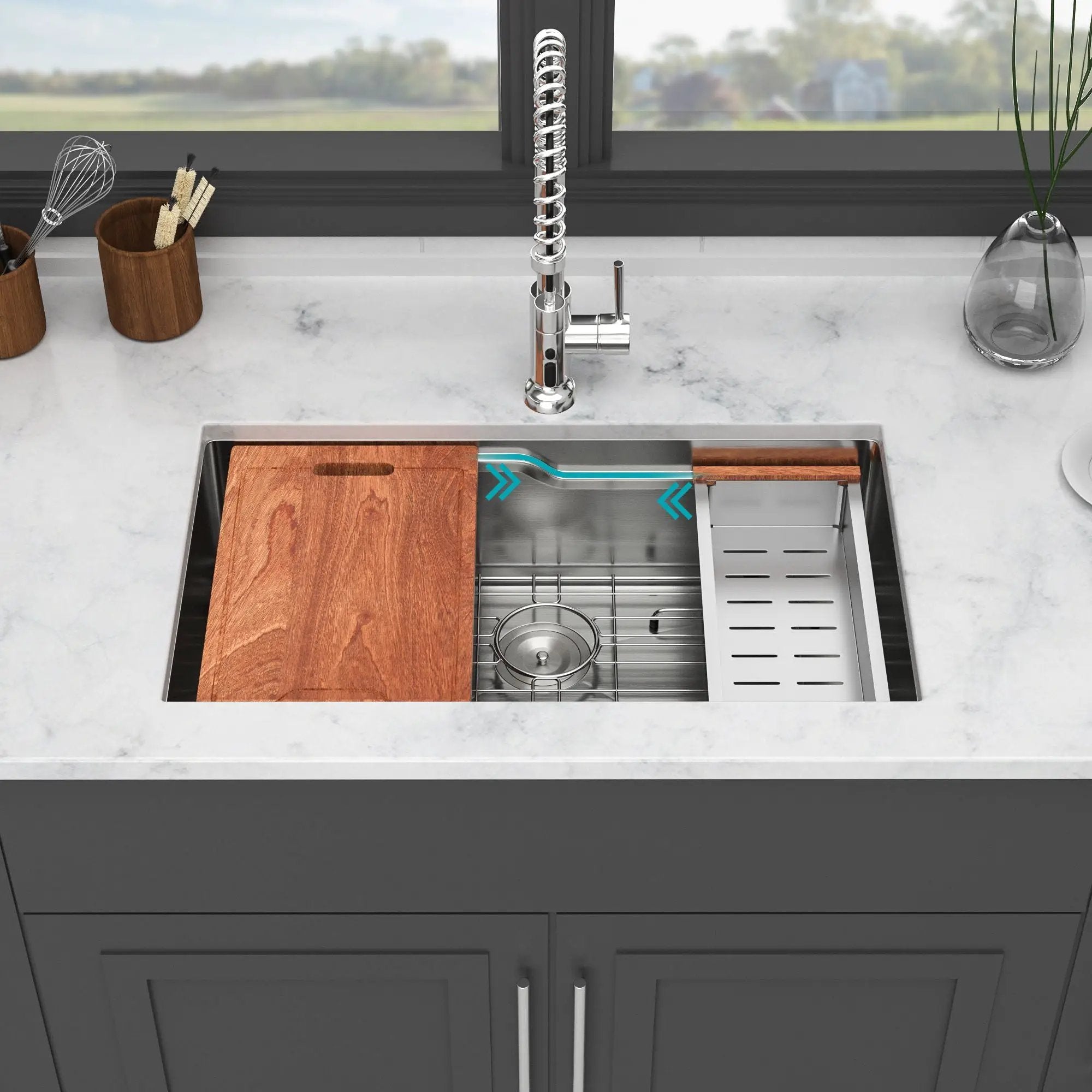 33" Undermount Kitchen Sink Single Bowl Ledge Workstation In 16 Gauge Stainless Steel - White by HouseOfZazla