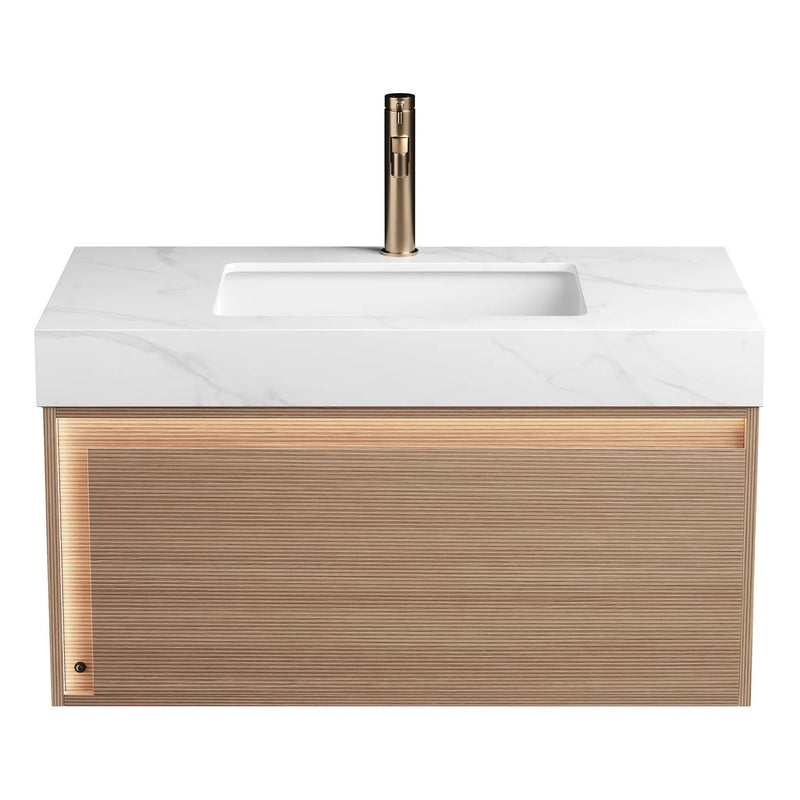 Nyah 36'' Bathroom Vanity & Sink, Floating Ultra-Slim Grille Plywood Cabinet, Drawer with Sensor Light, Carrara by HouseOfZazla