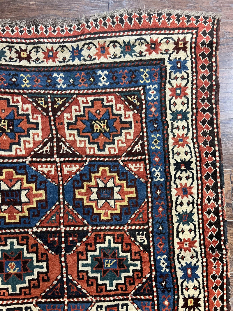 Antique Caucasian Kazak Runner Rug 4 x 9.5, Handmade Wool Rug for Hallway, Rare Colorful Panel Design Mid 19th Century 1870s Oriental Carpet by Jewel Rugs