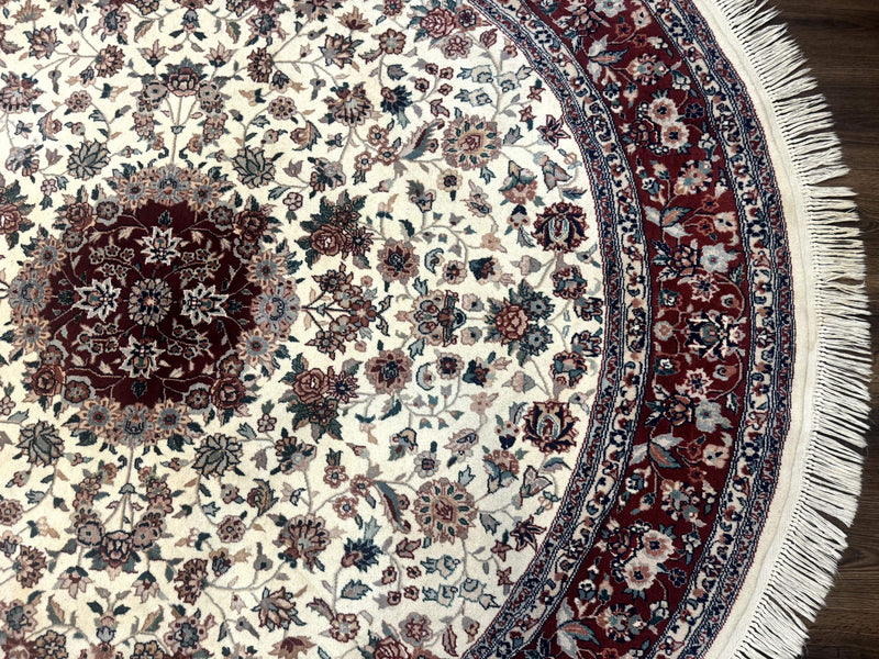 Round Sino Persian Rug 8x8, Wool and Silk, Floral Medallion, Ivory Dark Red by Jewel Rugs