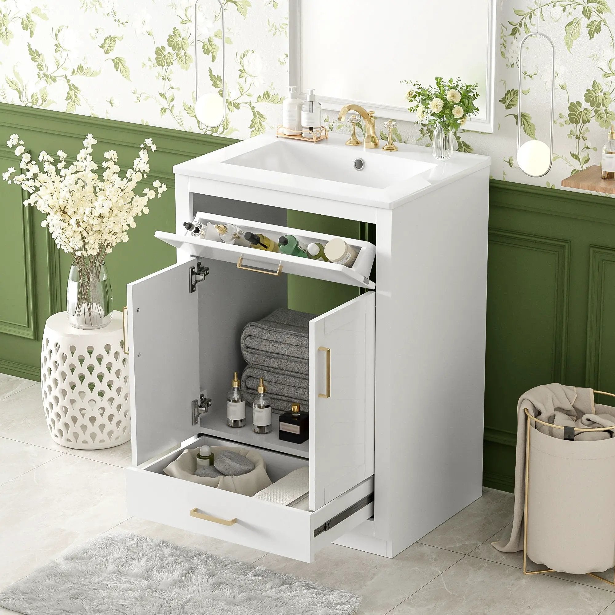 Modern Bathroom Vanity With Integrated Ceramic Sink, 2 Door Cabinet With Tip-Out Drawer by Unique Piece Furniture