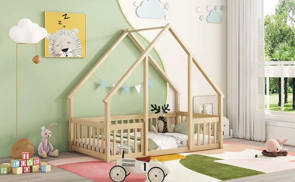 Wood House-Shaped Floor Bed With Fence, Guardrails by Unique Piece Furniture