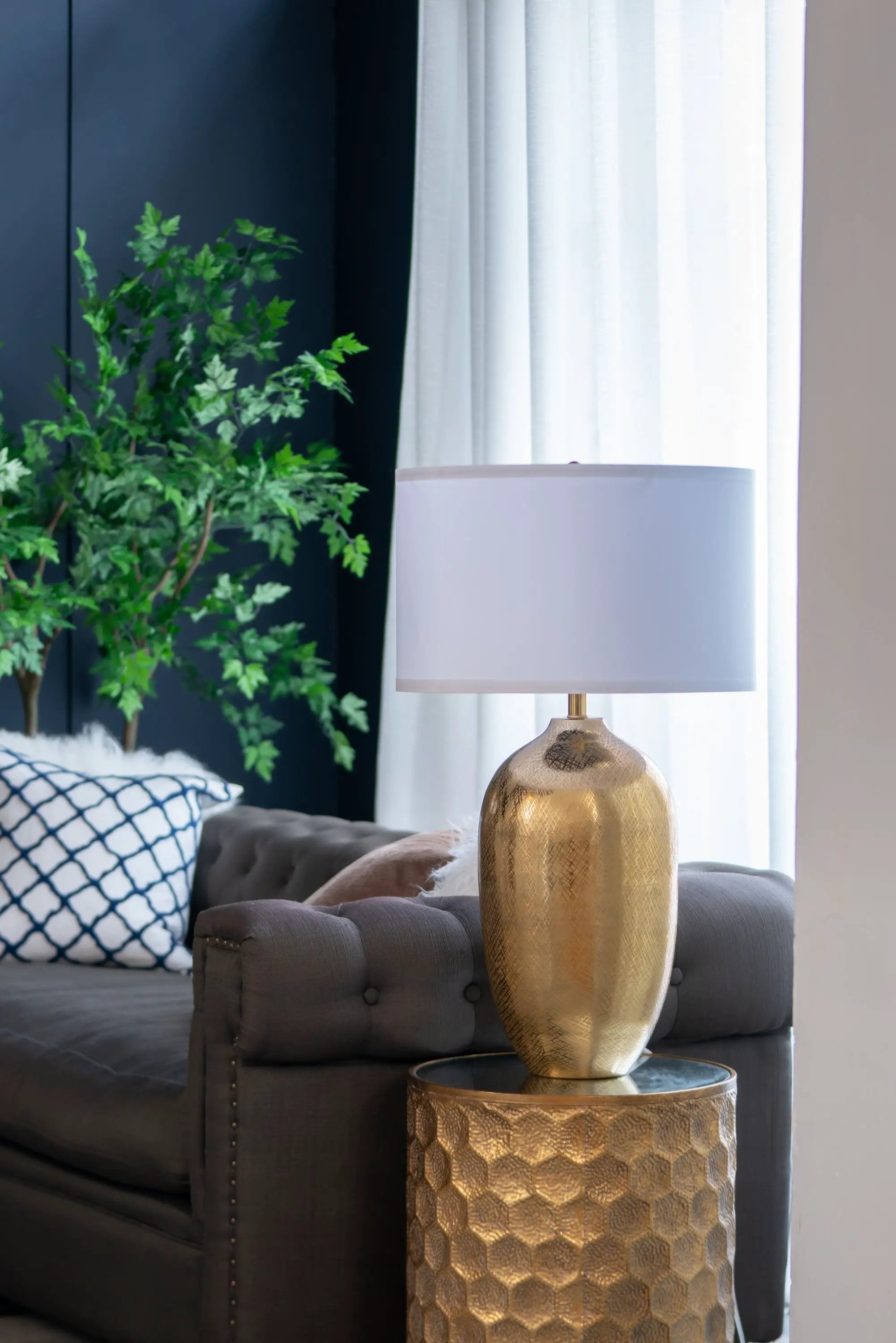 D18x31" Round Aluminum Sheet Gold Table Lamp with White Fabric Shade by HouseOfZazla