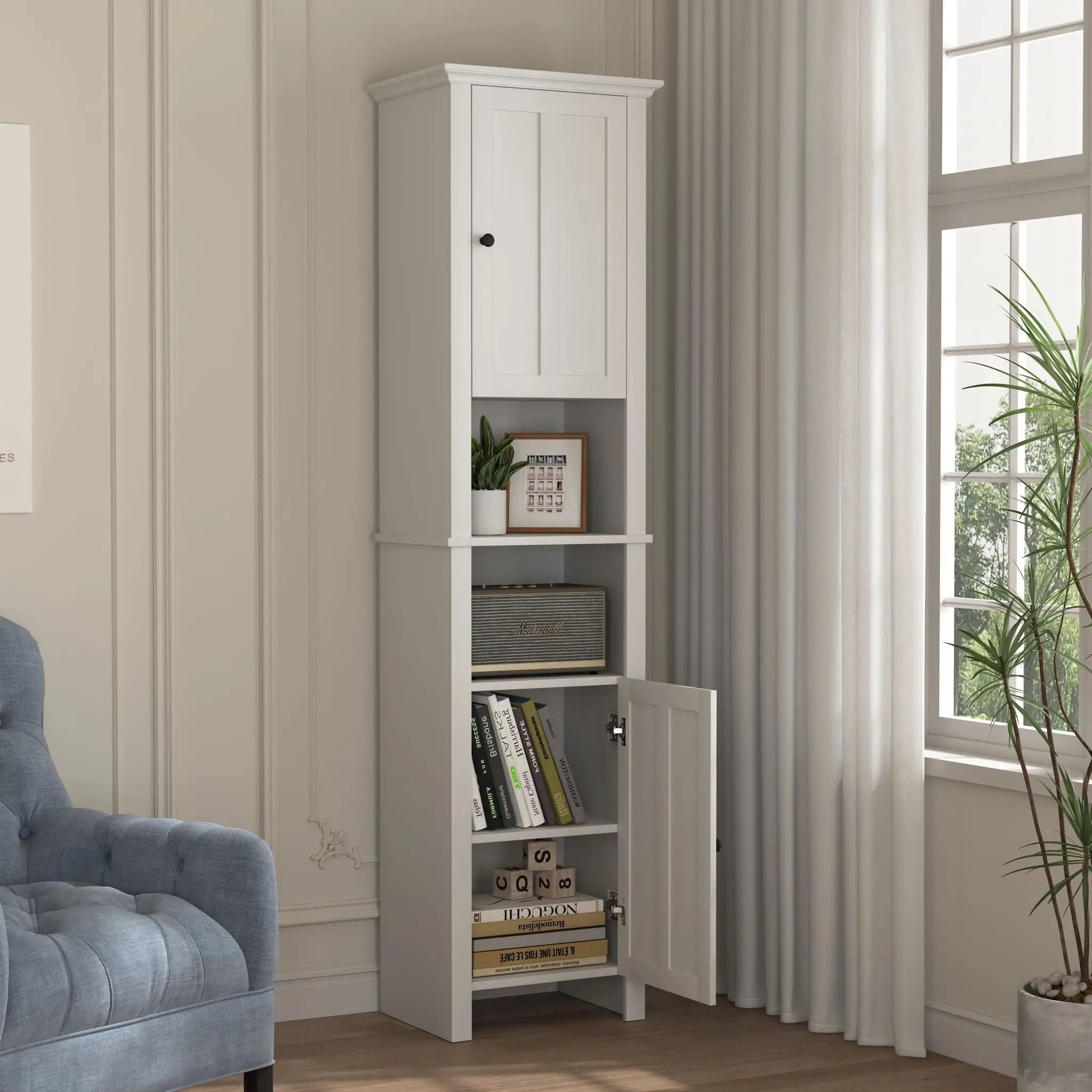 Wooden Bathroom Floor Storage Cabinet With 2 Doors And 6 Shelves - White by HouseOfZazla