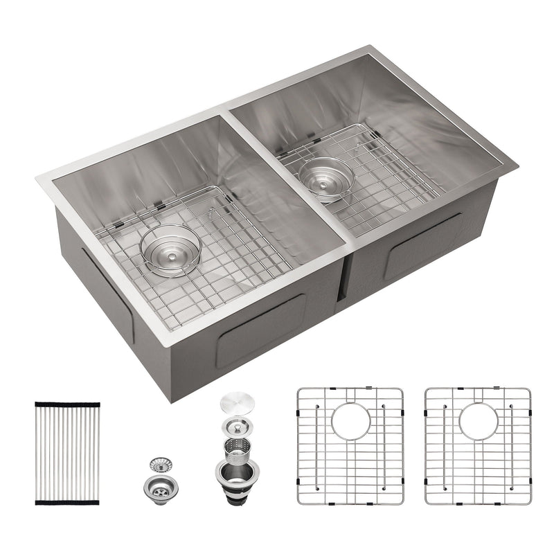 Undermount Double Bowl Kitchen Sink 16 Gauge With 9" Deep Basin - Brushed Nickel by HouseOfZazla
