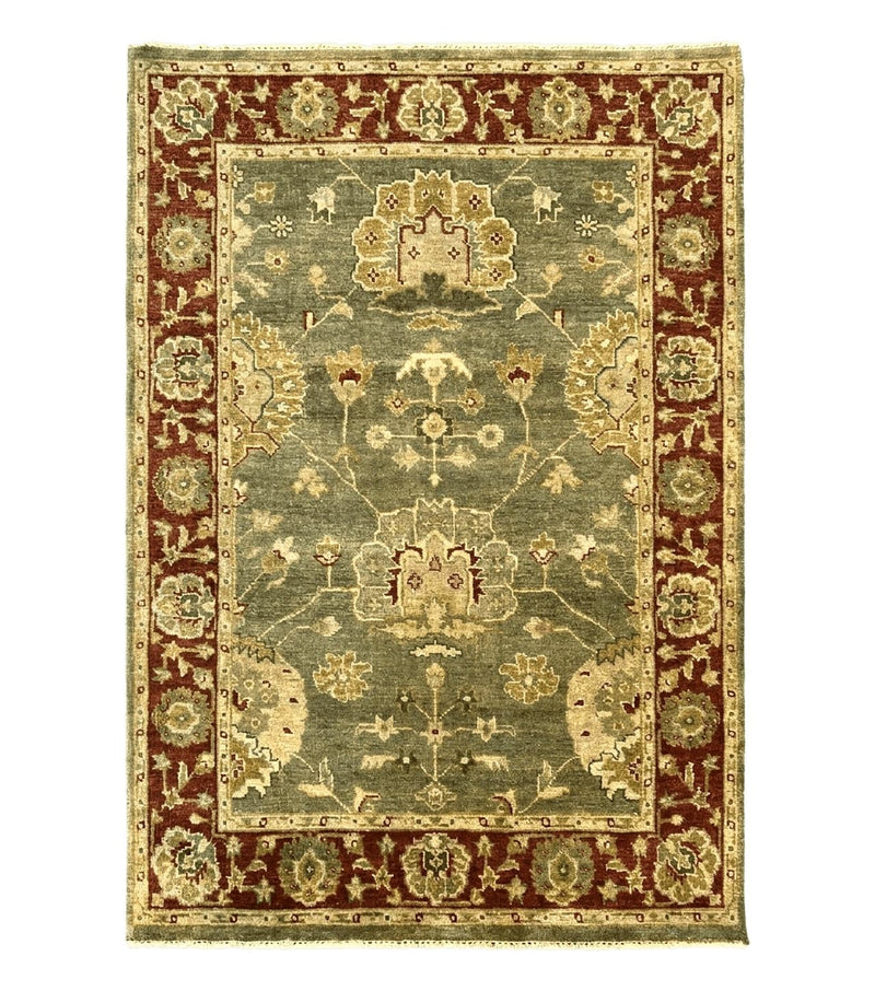 Indo Oushak Rug 4x6, Green and Maroon, Vintage Wool Floral Rug, Indian Agra Rug by Jewel Rugs