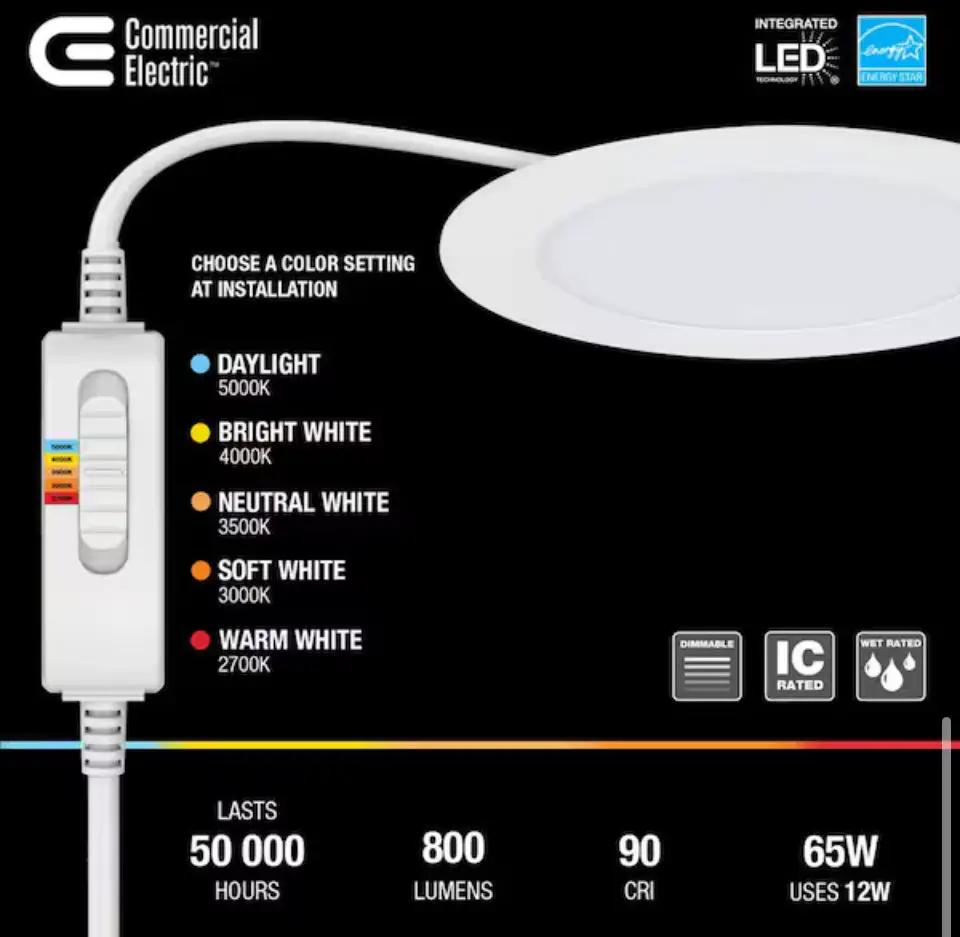 Commercial Electric Ultra Slim Integrated LED 6 in Round Adj Color Temp Canless Recessed Light for Kitchen Bath Living rooms, White by Selzalot