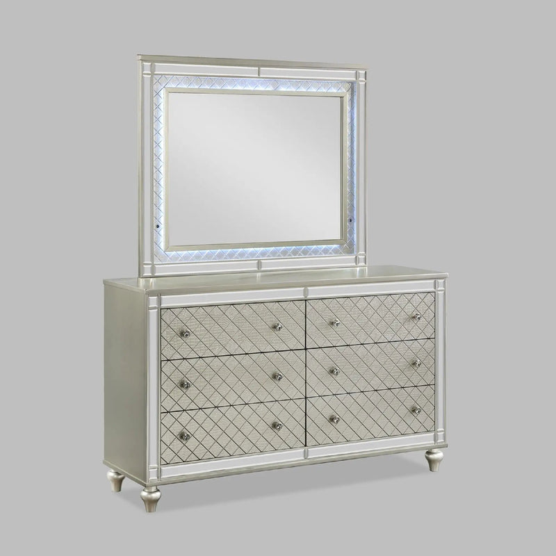 6 Drawer Bedroom Dresser With Diamond Patterned Drawer Fronts - Silver by Unique Piece Furniture