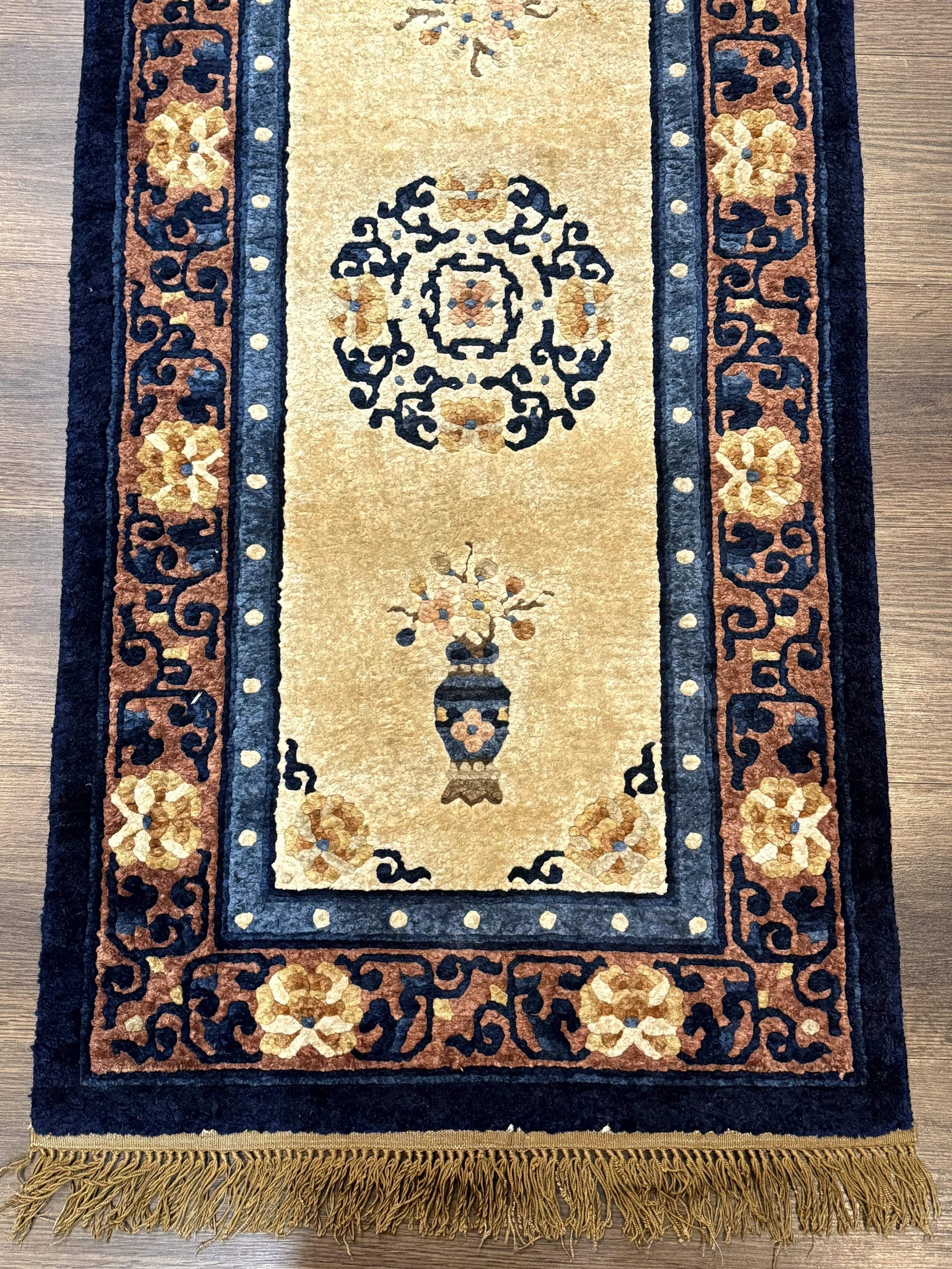 Silk Chinese Rug 2x4, Peking Carpet, Golden-Beige and Blue, Hand Knotted, Simple Design by Jewel Rugs