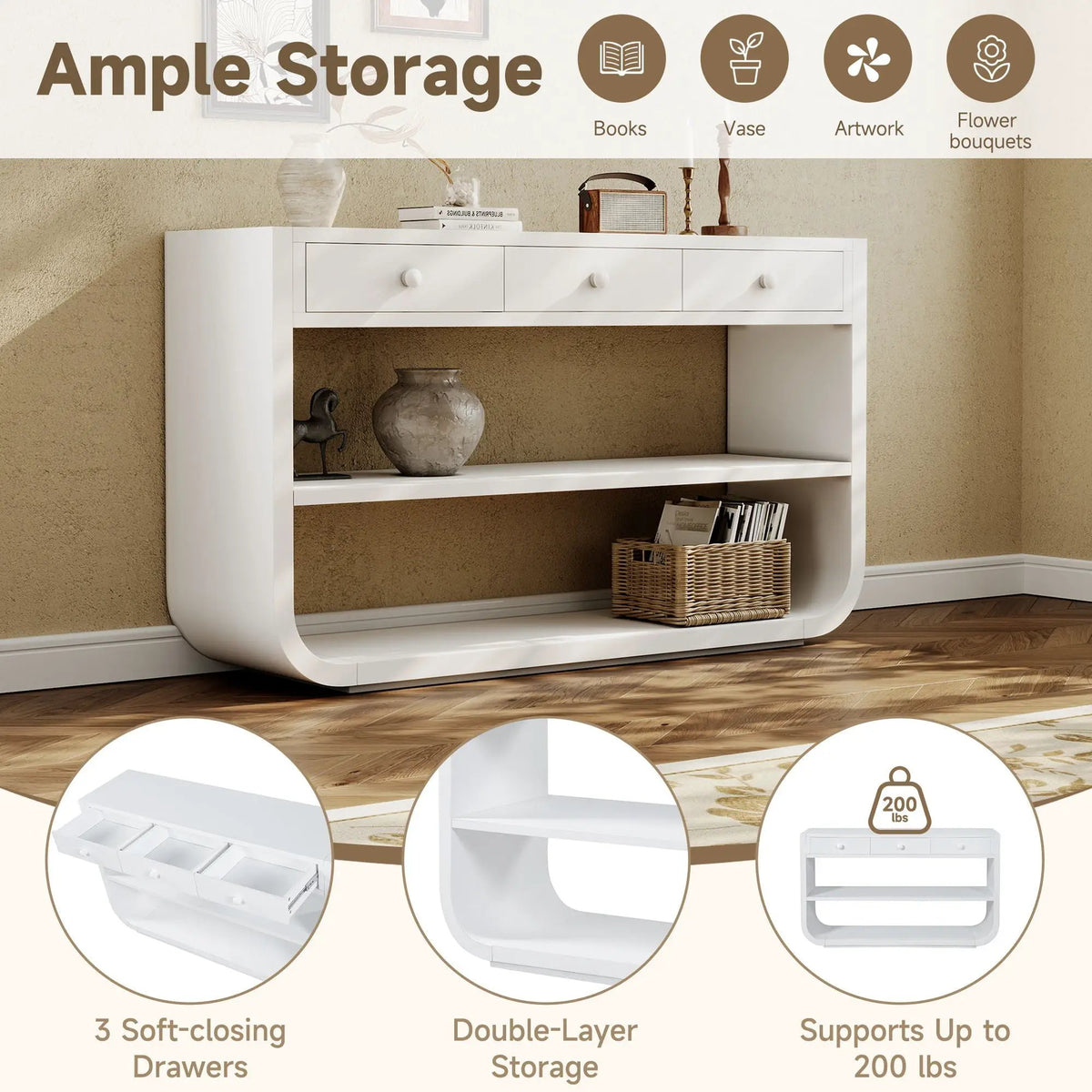 Console Table With 3 Soft Close Drawers & 2 Open Shelves by HouseOfZazla