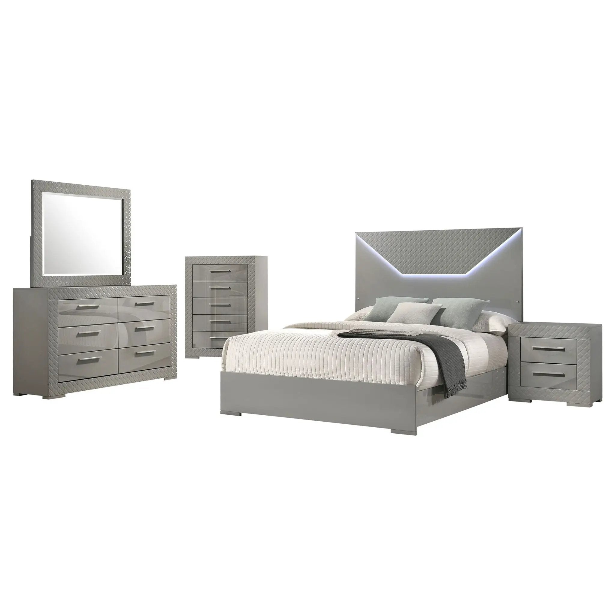 Ives 5-piece Eastern King Bedroom Set Grey High Gloss by Unique Piece Furniture