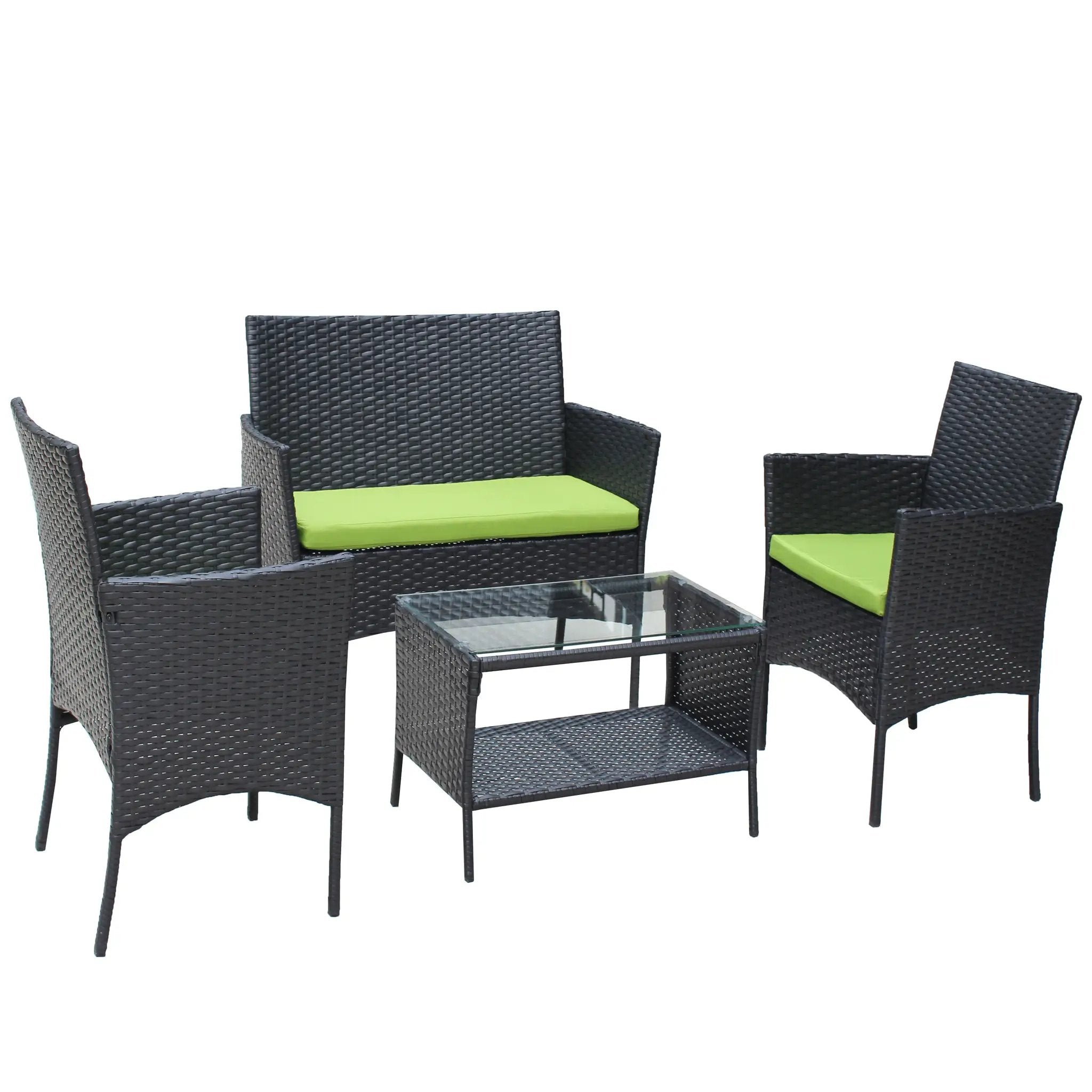4 PC Rattan Patio Furniture Set Outdoor Cushioned Wicker Sofa Green Cushion by HouseOfZazla