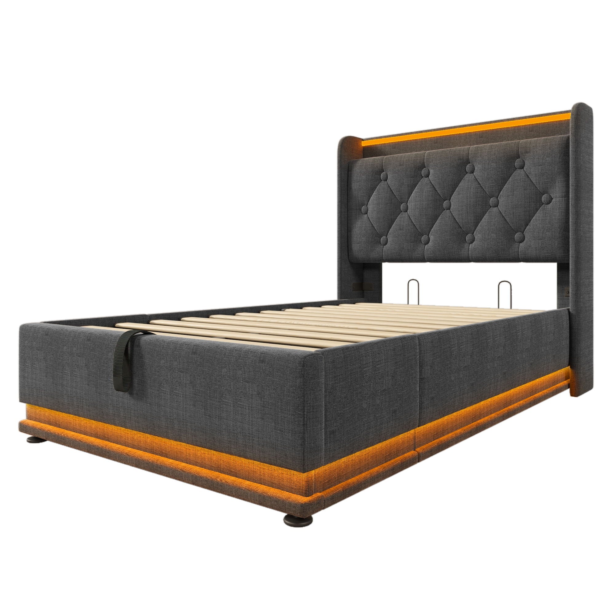 Upholstered Bed, 360 Surround LED Function, Remote Control, Hydraulic Storage Bed With USB, Type-C Charging (Without Mattress) by HouseOfZazla