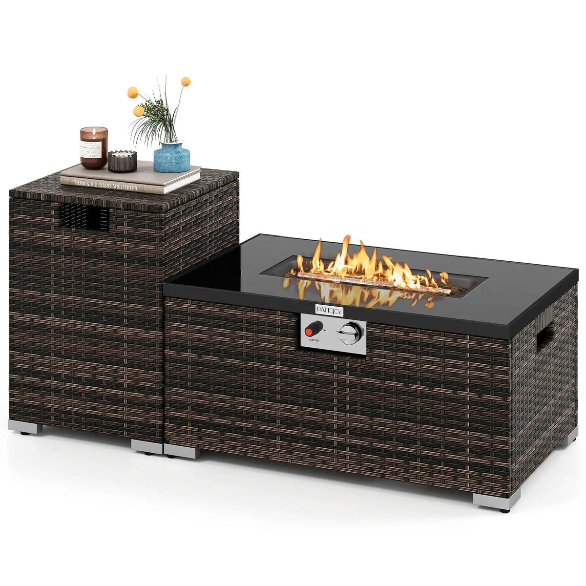 2-Piece Outdoor Rattan Fire Table Set 32 Inch Rectangle Gas Firepit with Tank Cover, photo 8 of 24
