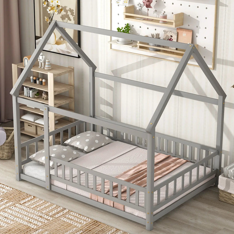 Floor Wooden Bed With House Roof Frame, Fence Guardrails by Unique Piece Furniture