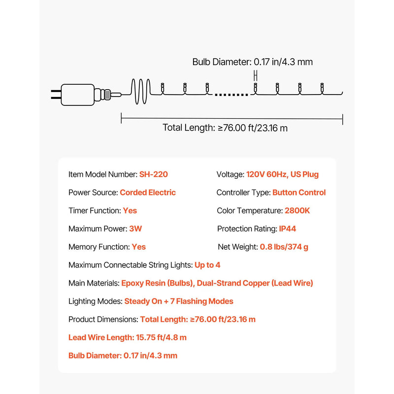 LED Christmas String Lights, 200 LED, 76 Ft Connectable Warm by HouseOfZazla