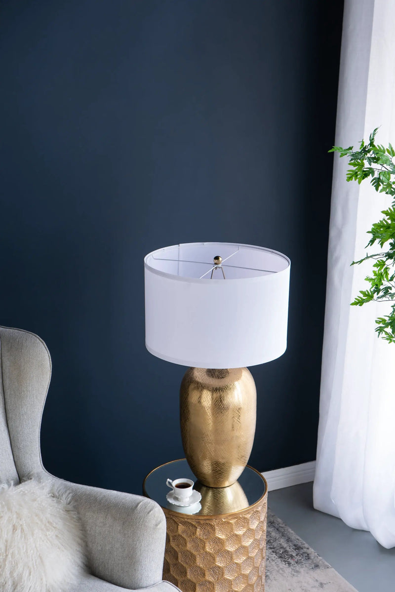 D18x31" Round Aluminum Sheet Gold Table Lamp with White Fabric Shade by HouseOfZazla