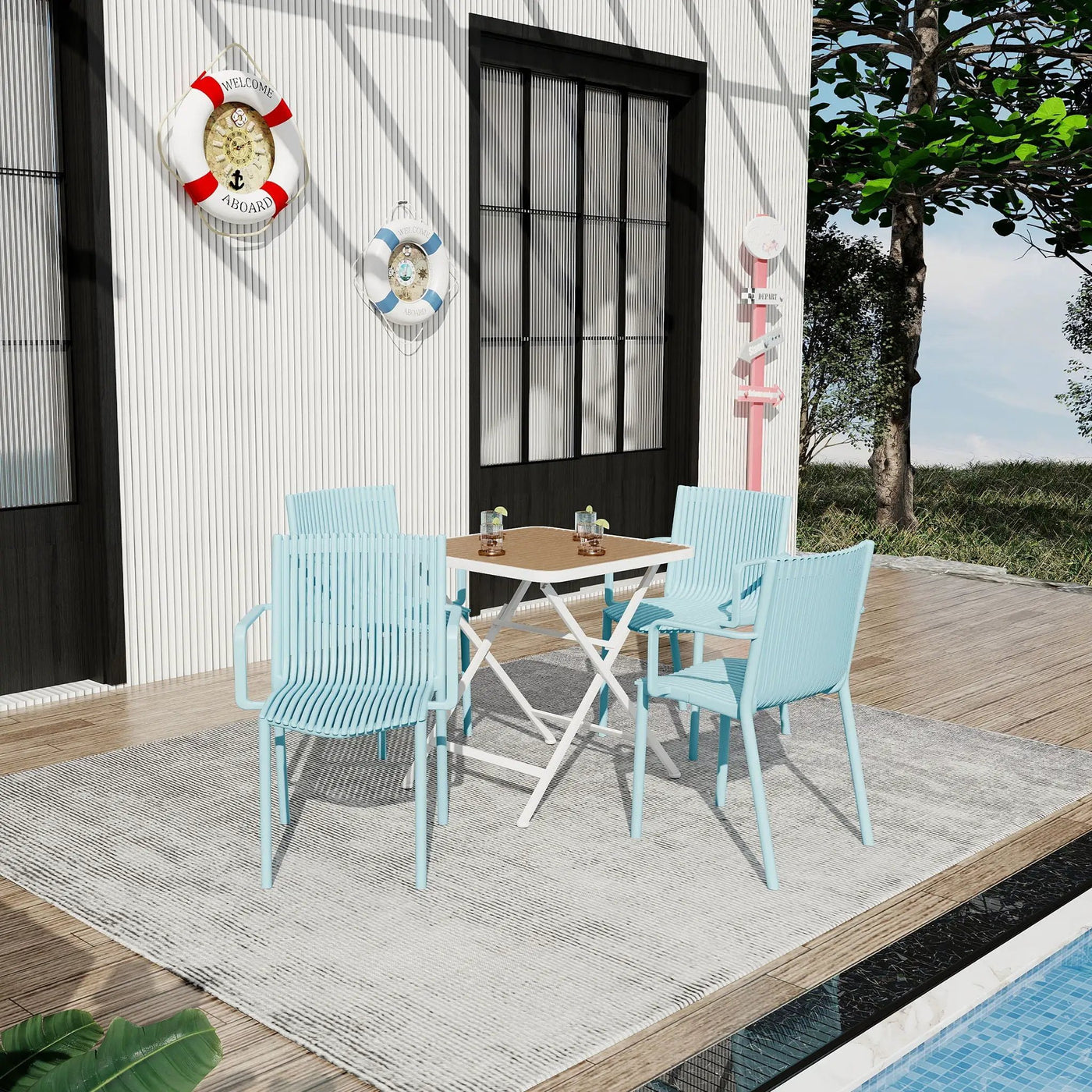 4 Modern Stackable Plastic Armchair Matched With Folding Square Table by Unique Piece Furniture