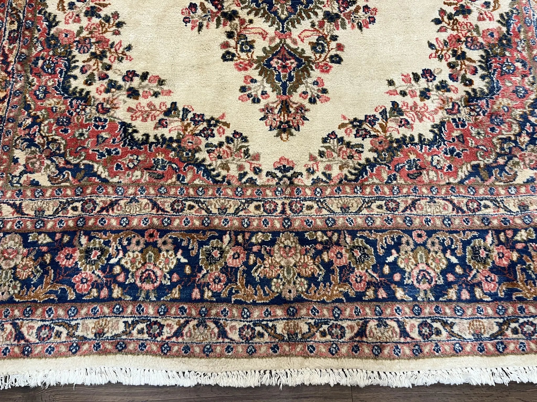 Persian Rug 9x10, Hamadan Rug, Antique Oriental Carpet, Wool Rug, Semi Open Field, Cream and Navy Blue, Kirman Design Hand Knotted Almost Square Rug by Jewel Rugs