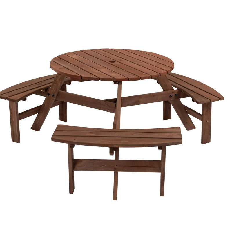 6 Person Circular Outdoor Wooden Picnic Table For Patio, Backyard, Garden, Diy With 3 Built-In Benches, 1720Lb Capacity by Unique Piece Furniture