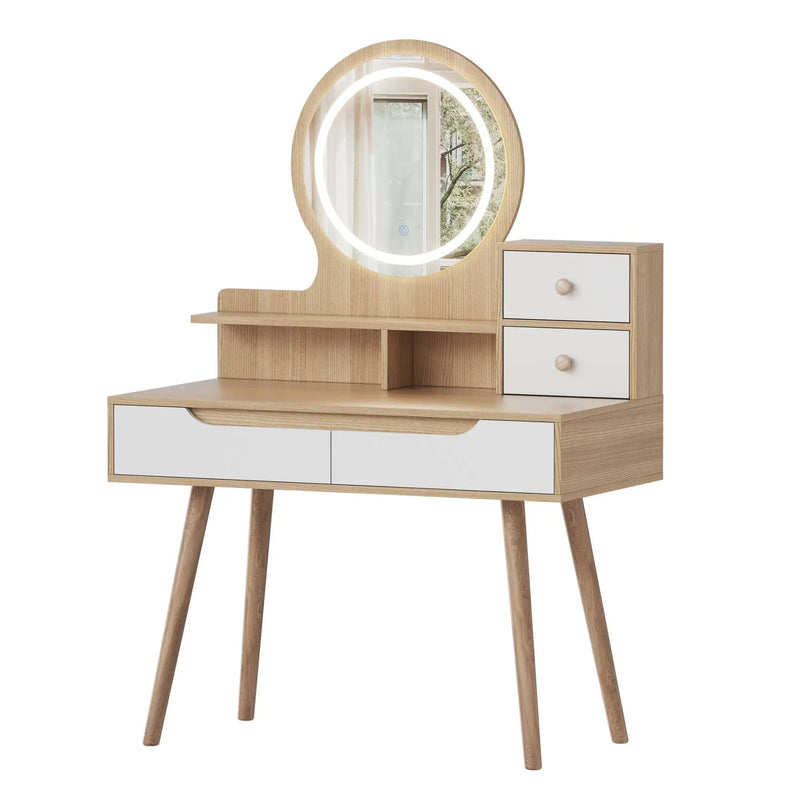Elegant Makeup Vanity Desk With Adjustable Lighted Mirror Table Feet - American White Oak by Unique Piece Furniture