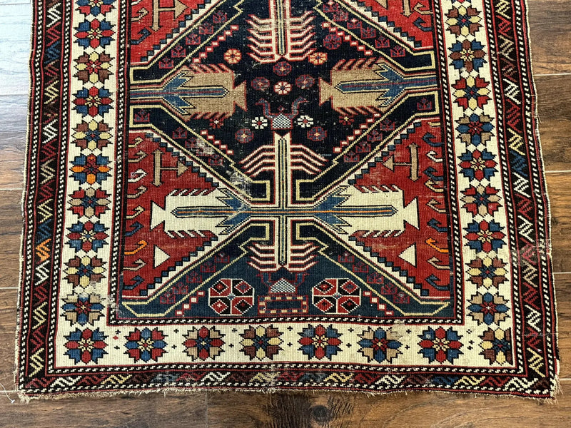 Antique Shirvan Caucasian Rug 3x5, Geometric Pattern, Red Navy Blue Beige by Jewel Rugs