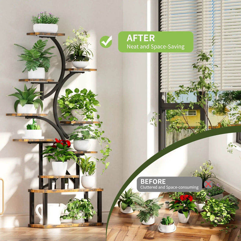 S - Shaped, 10 Tier Plant Stand With 5 Grow Lights - Deep Rustic Brown by HouseOfZazla