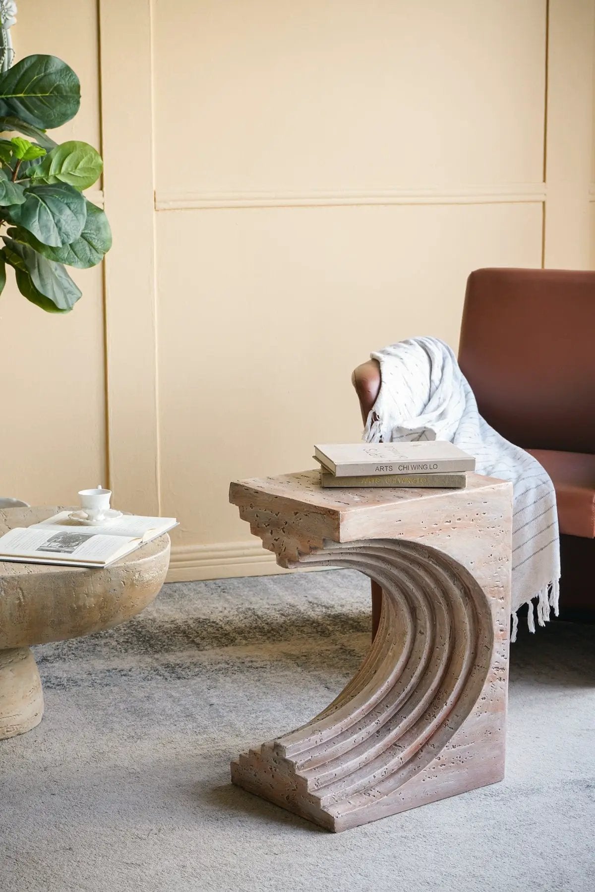16.3x12.2x22.6 Modern Sculptural Arched Side Table with Faux Travertine Finish by HouseOfZazla