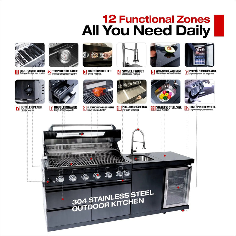 NG 85" 6-Burner 85,000 BTU Black Outdoor Kitchen Island Grill Refrigerator + Rotisserie Kit + Sink by Chery Industrial