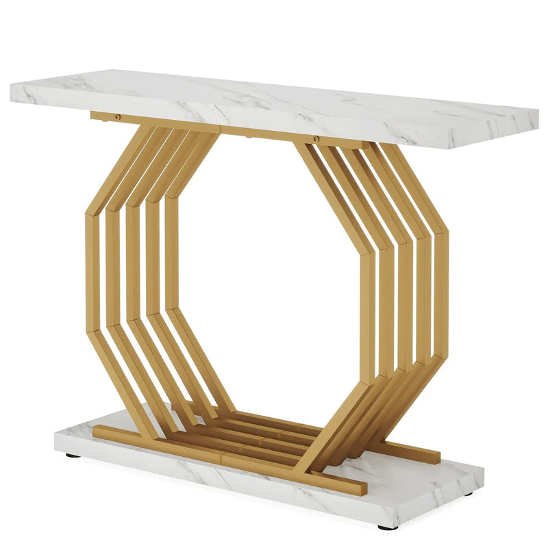 Accent Entryway Console Table With Geometric Bas For Living Hallway - White / Gold by HouseOfZazla