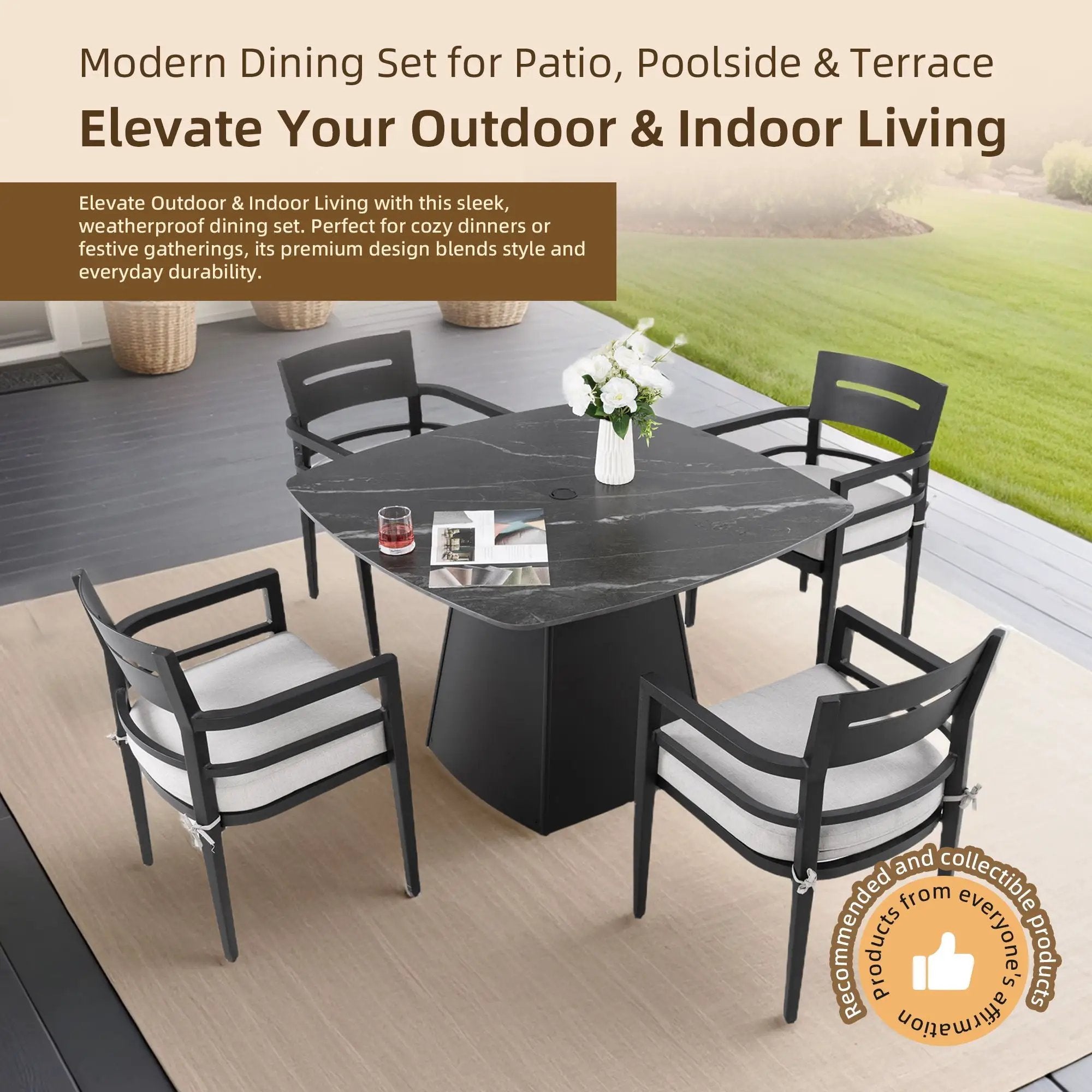 Outdoor Patio Dining Set, Squircle Dining Table, Dining Chairs With Sunbrella Cushions by Unique Piece Furniture