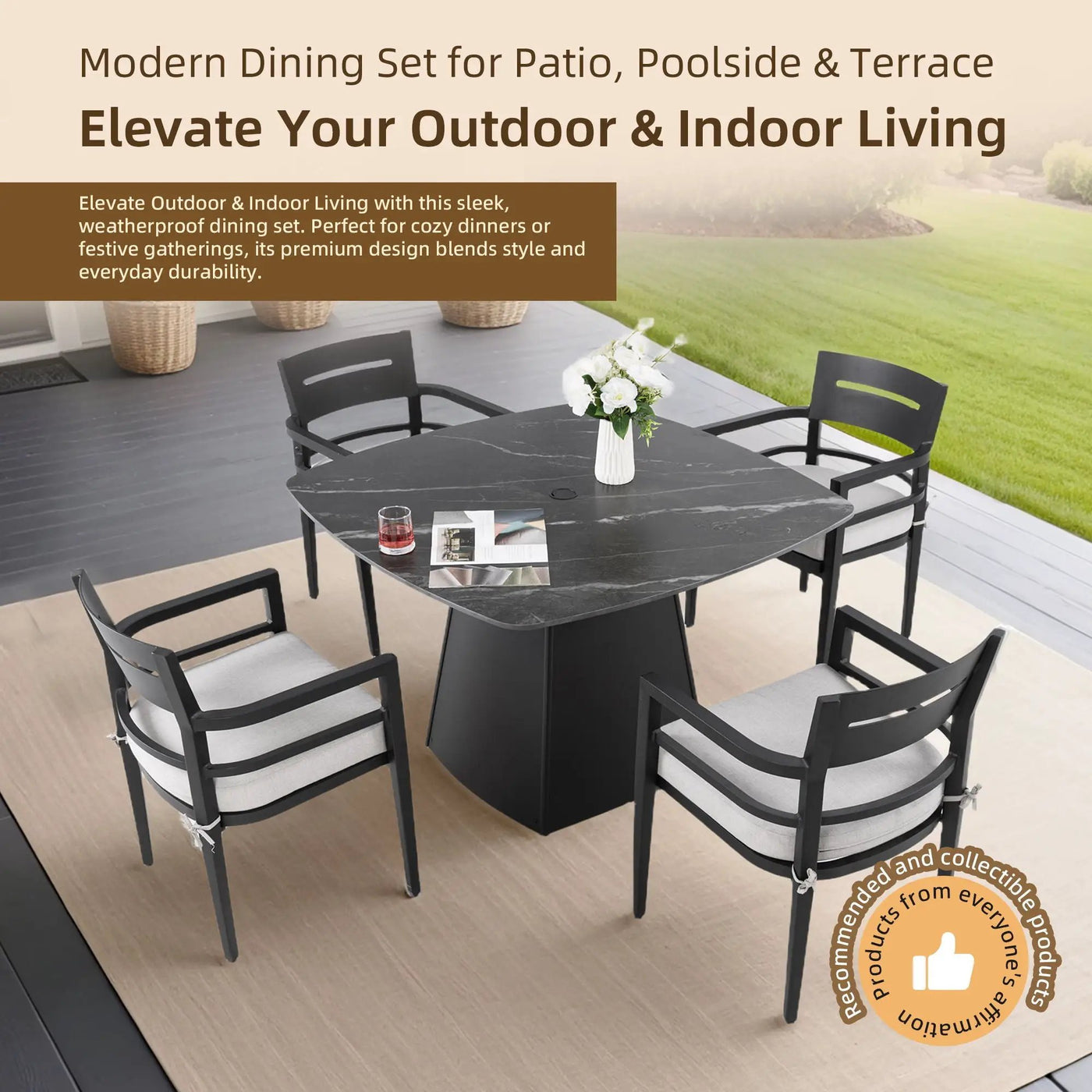 Outdoor Patio Dining Set, Squircle Dining Table, Dining Chairs With Sunbrella Cushions by HouseOfZazla