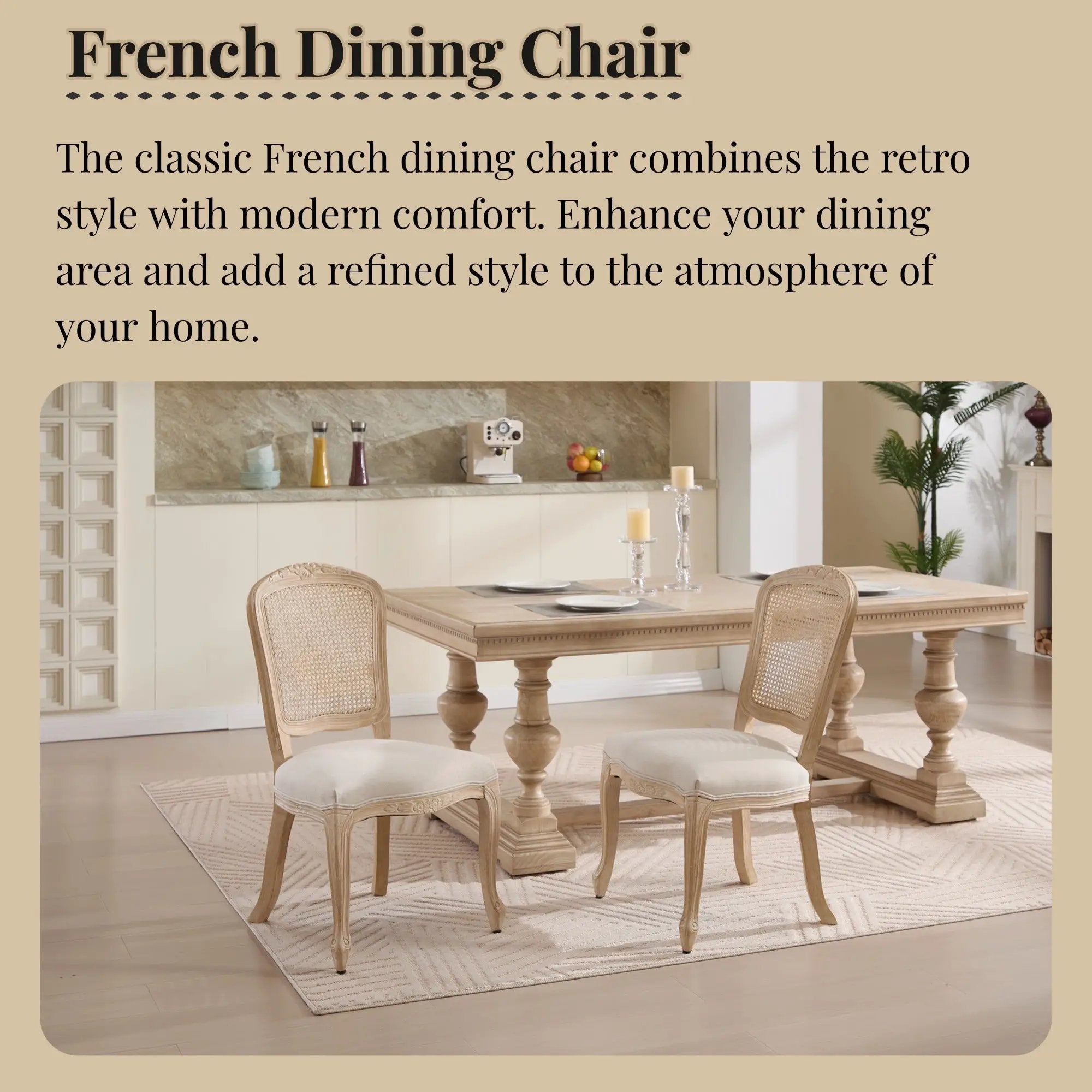 French Country Dining Chairs Set of 2, Upholstered with Rattan Fan-shaped Back by HouseOfZazla