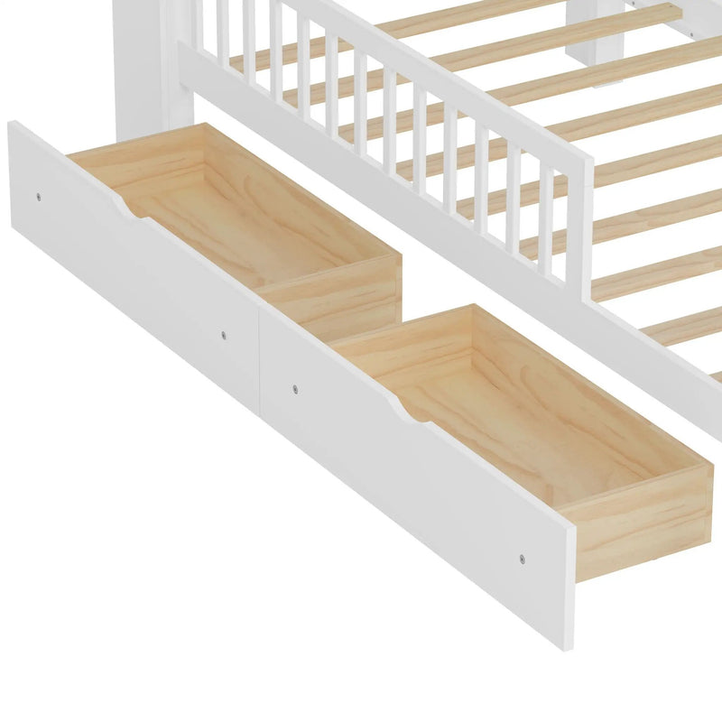 Bed With Headboard Storage Rack, 2 Under Bed Drawers, 3 Side Guardrails For Safety by HouseOfZazla