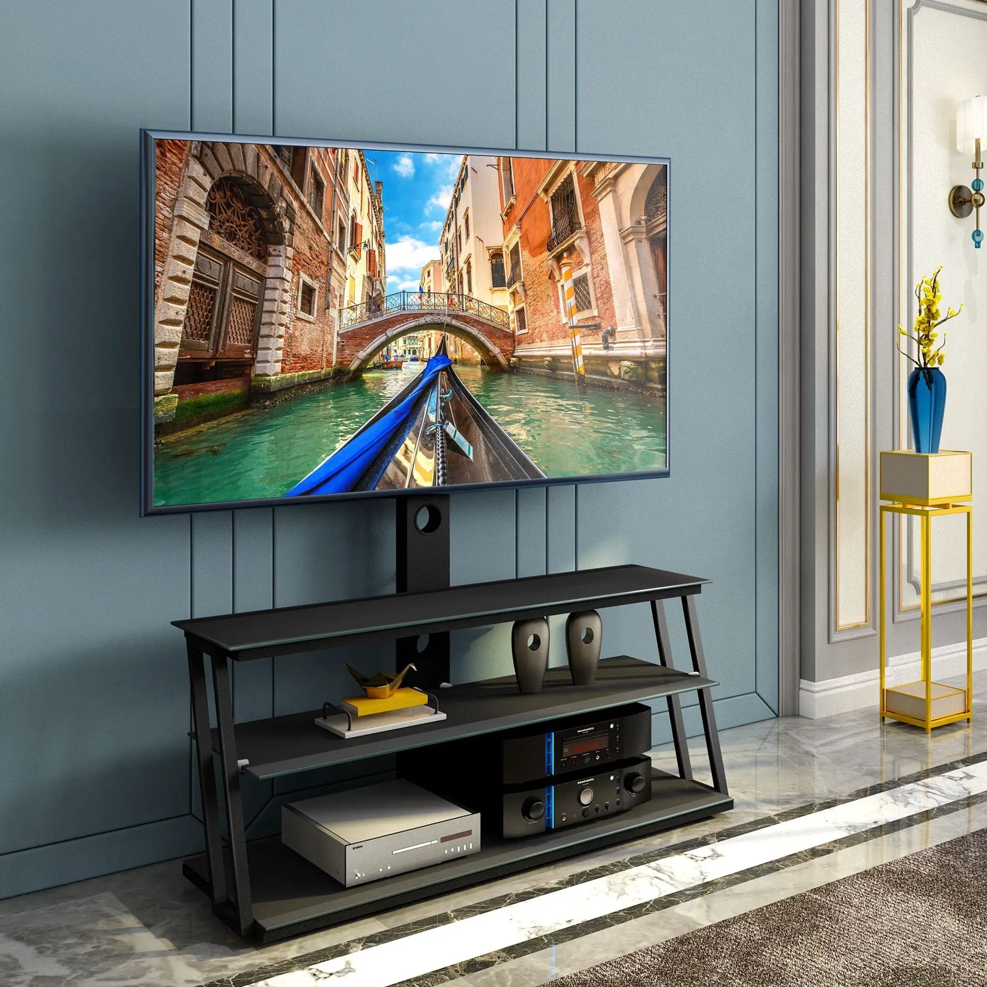 Multi-Function Angle And Height Adjustable Tempered Glass TV Stand - Black by Unique Piece Furniture