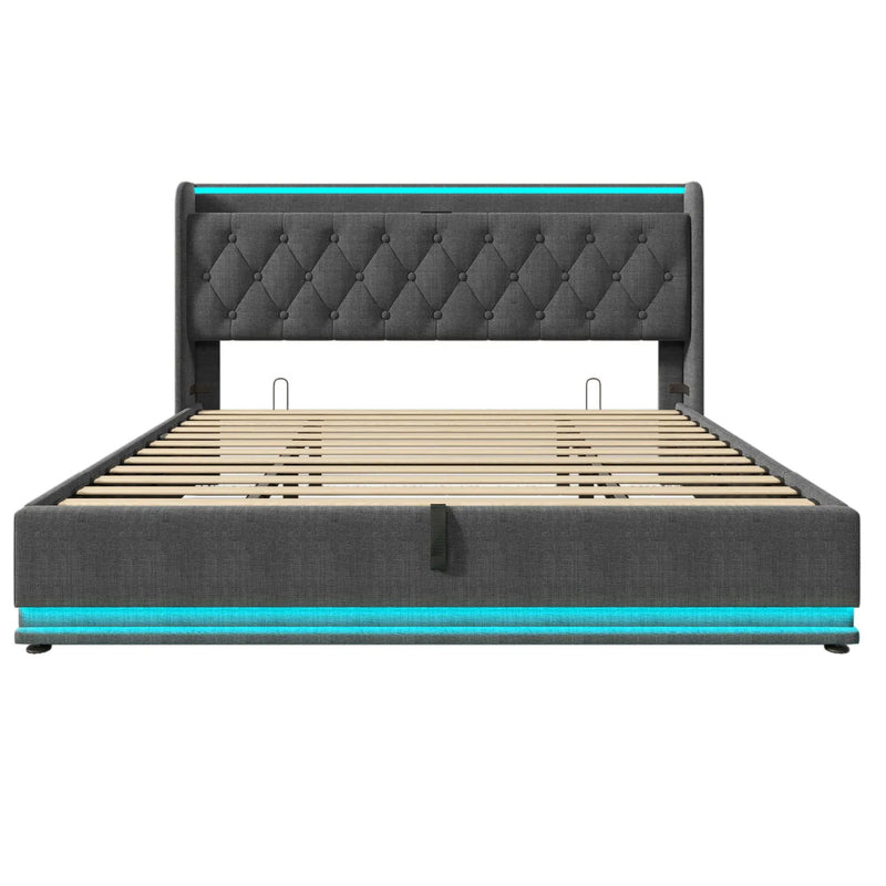 Upholstered Bed, 360 Surround LED Function, Remote Control, Hydraulic Storage Bed With USB, Type-C Charging (Without Mattress) by HouseOfZazla
