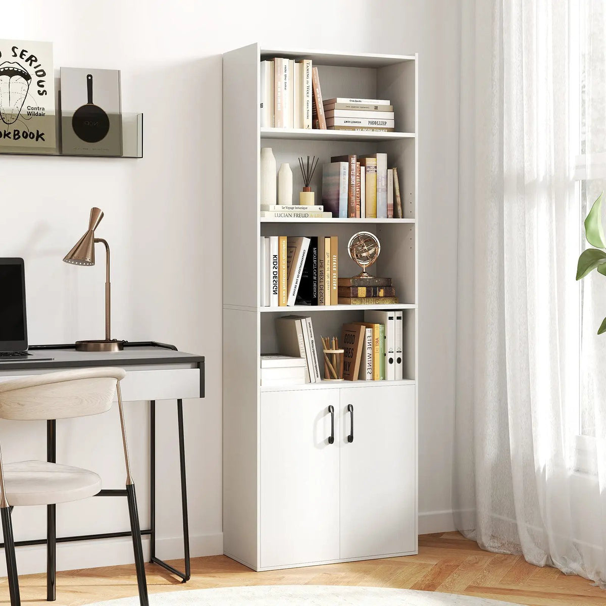 70 Inch Bookcase 6-Tier with Adjustable Shelves and 2-Door Cabinet