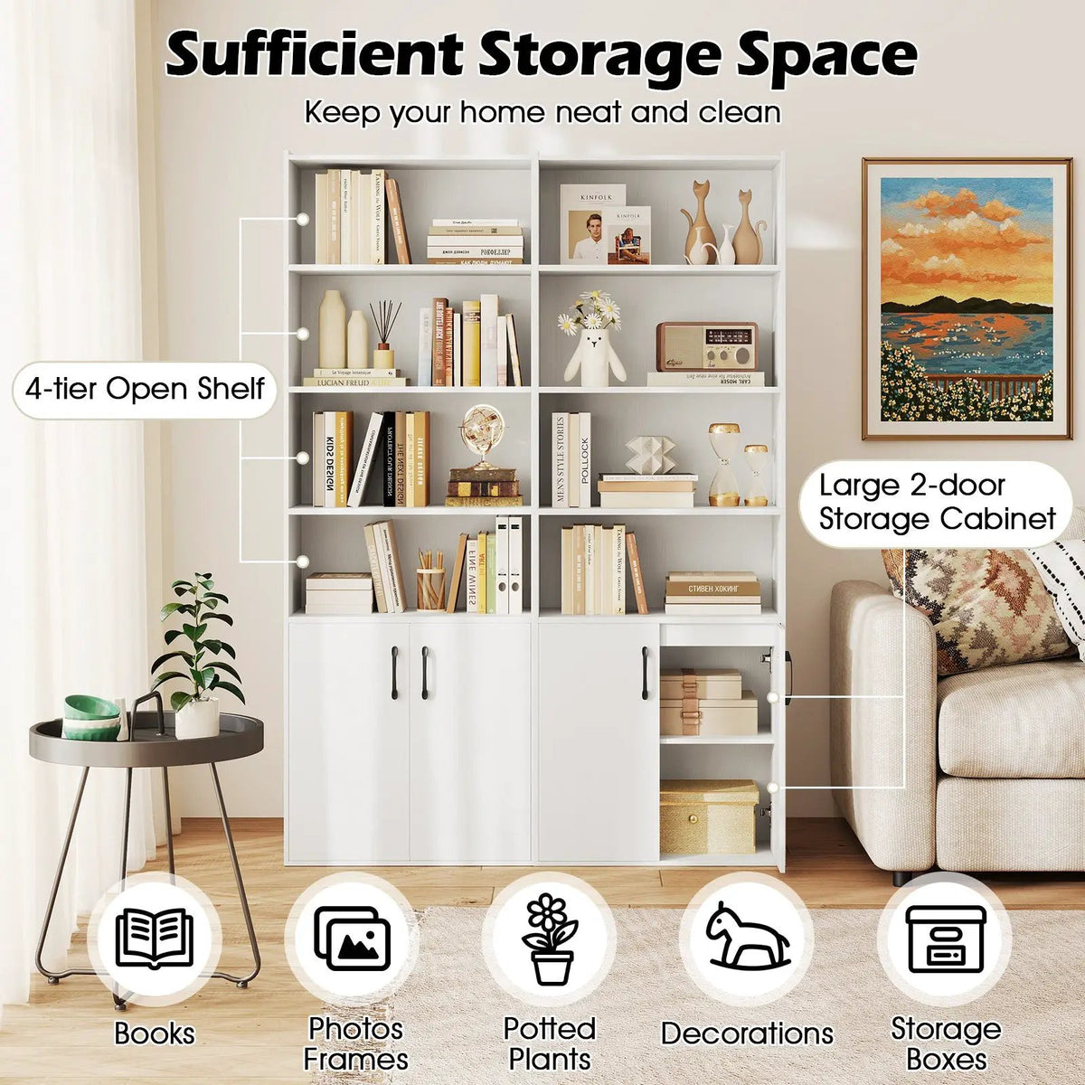 70 Inch Bookcase 6-Tier with Adjustable Shelves and 2-Door Cabinet, photo 8 of 9